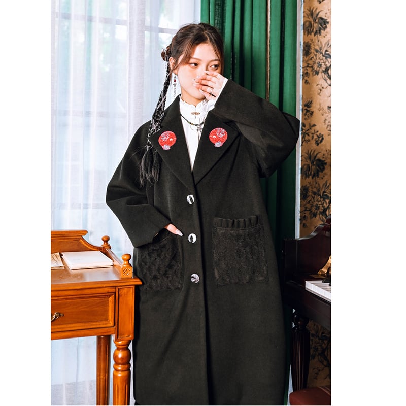 [Ancient ghost house---Shanhai-kei series] ★China style coat★ Lasha embroidery, long length, thick, black, black, easy to match