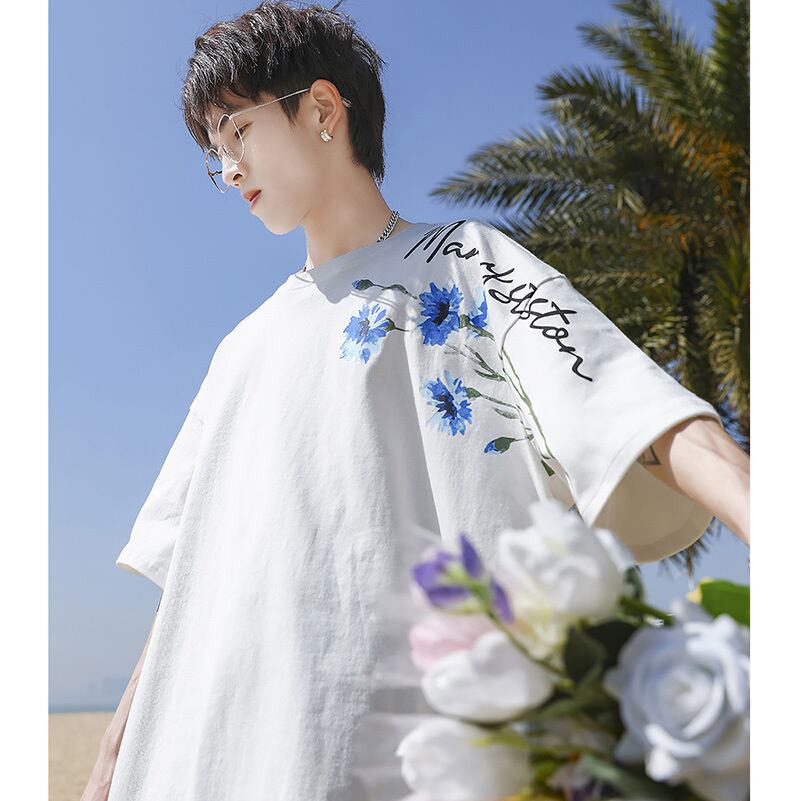 [MANYSTON Series]★T-shirt★ Tops 3color Unisex Men's Short Sleeve Floral Pattern Blue White Black Casual