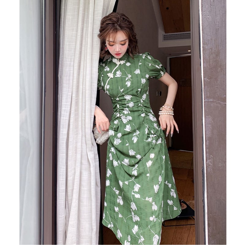 [Weice series] ★China style dress★ Improved cheongsam dress Floral pattern dress Slimming green Green