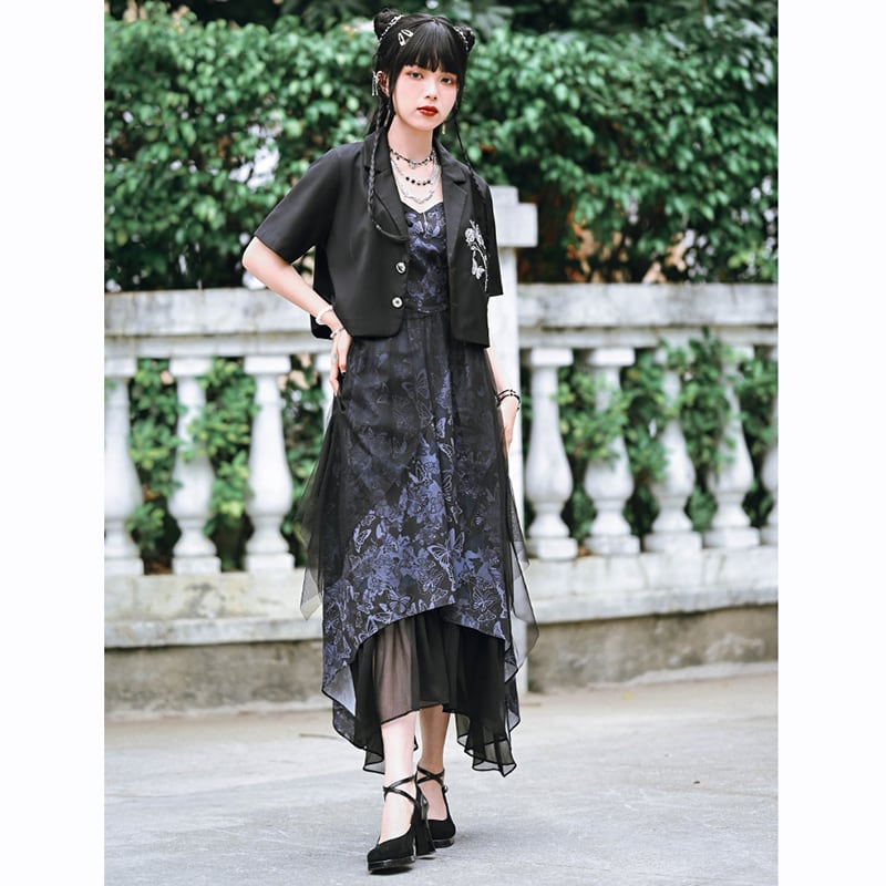 [Ancient monster house --- Butterfly series] ★China style dress★ Hanging dress Butterfly pattern print Long length Cute