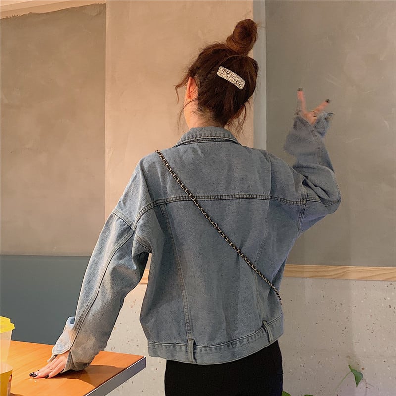 [Mikiko Series]★Denim Jacket★ Outer Jeans Short Length Fashion Easy to Match Blue Blue