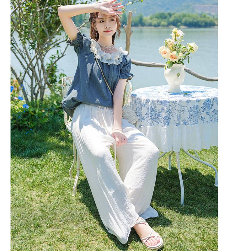 [Shirasu Series] ★Tops★ T-shirt, short sleeve, denim, cute, ladies, date, improves temperament, easy to match, summer clothes, blue, blue