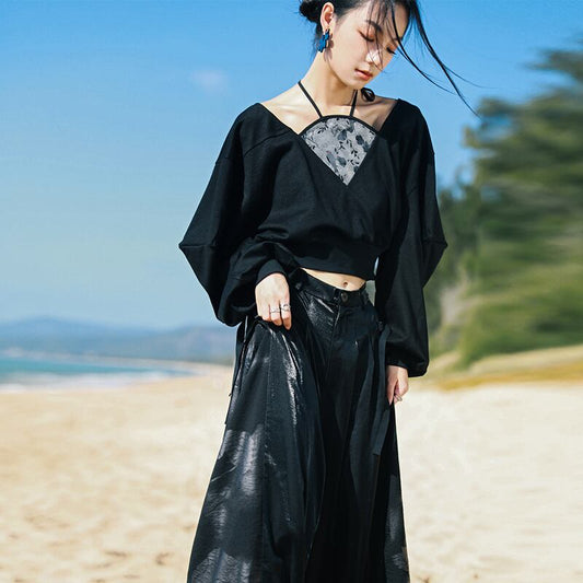 [Big Blue Dragon Series] ★China style tops★ Fake layered, design, slimming, enhances femininity, black, black