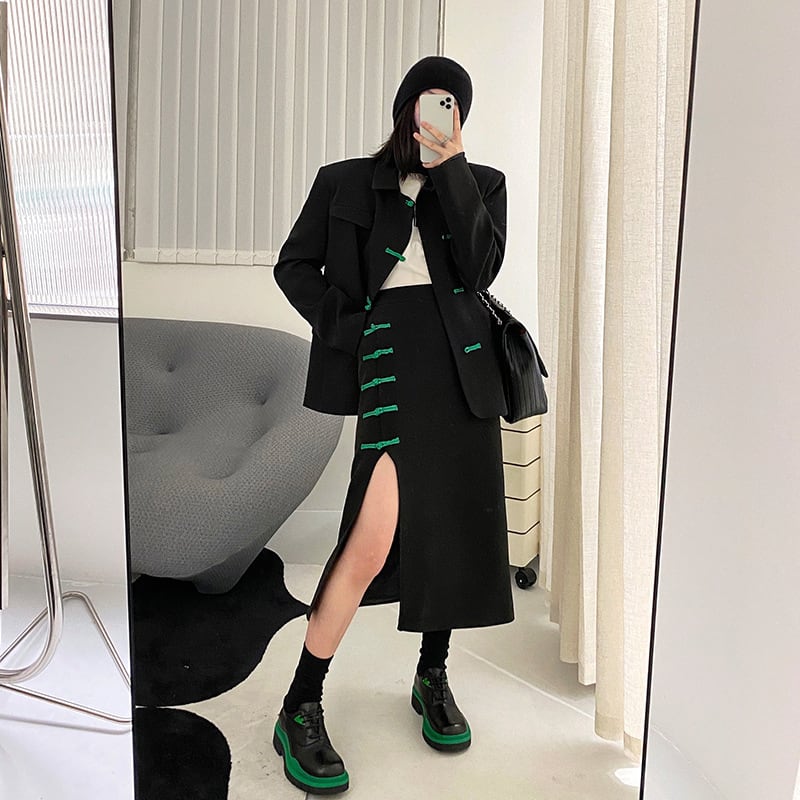 [OCTOBER Series]★China style skirt★ Slit green Green Chinese button Black Black slimming