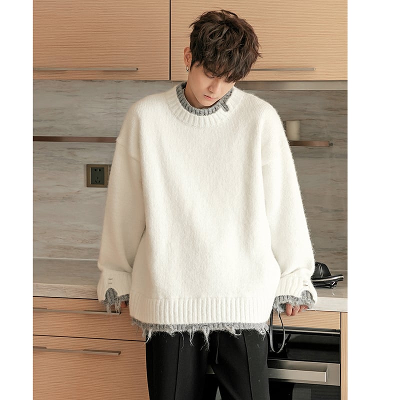 [CHICERRO Series]★Sweater★ 2color Tops Color Scheme Fake Layered Unisex Men's White Gray