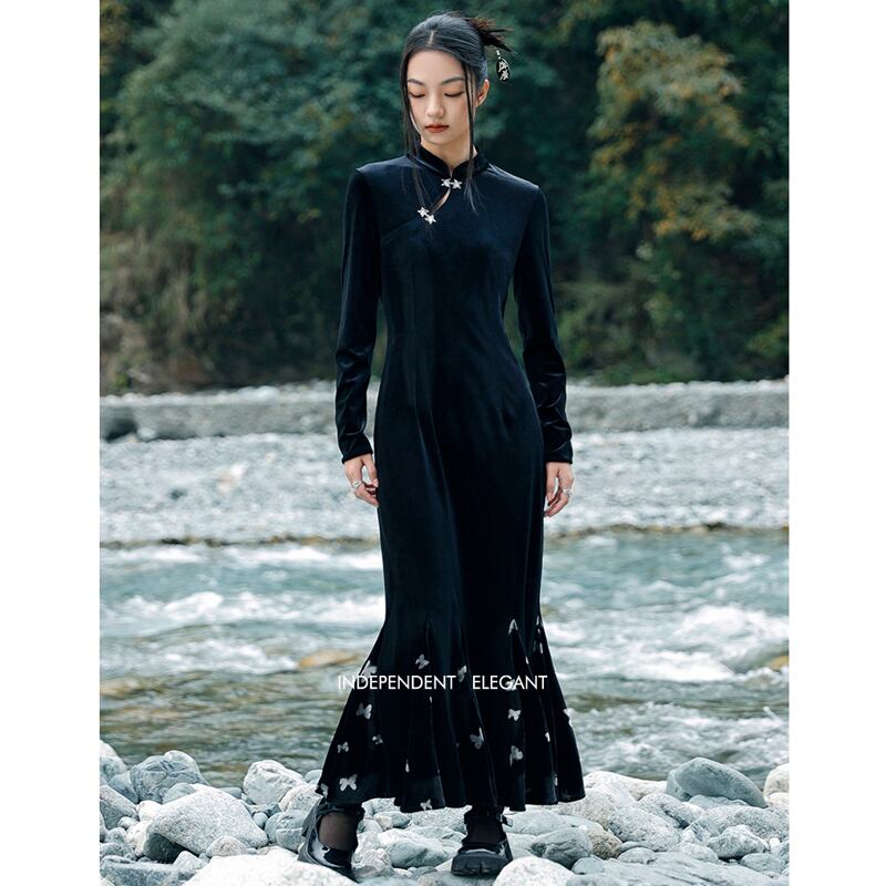 [Da Qinglong Shu Series] ★China-style dress★ Improved cheongsam dress, velvet, slimming, long length, black, black