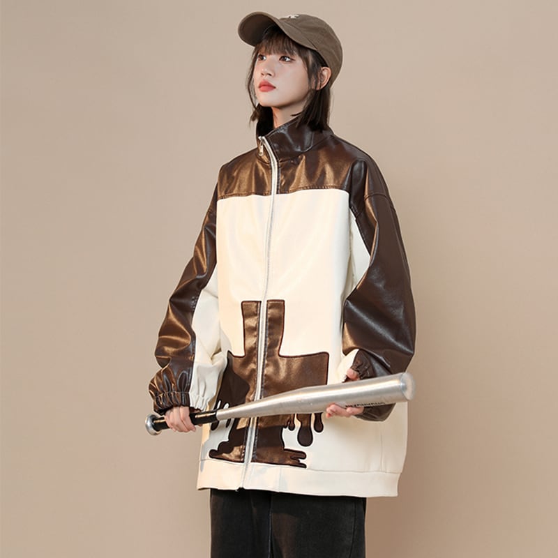 [Fujiiman Series]★Jacket★ 2color PU outerwear unisex men's color scheme coffee color blue