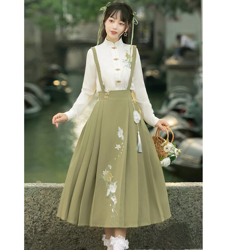 [Kaede bamboo---green series] ★Chinese style setup★ 2-piece set, shirt + hanging skirt, Chinese clothes, date, commuting