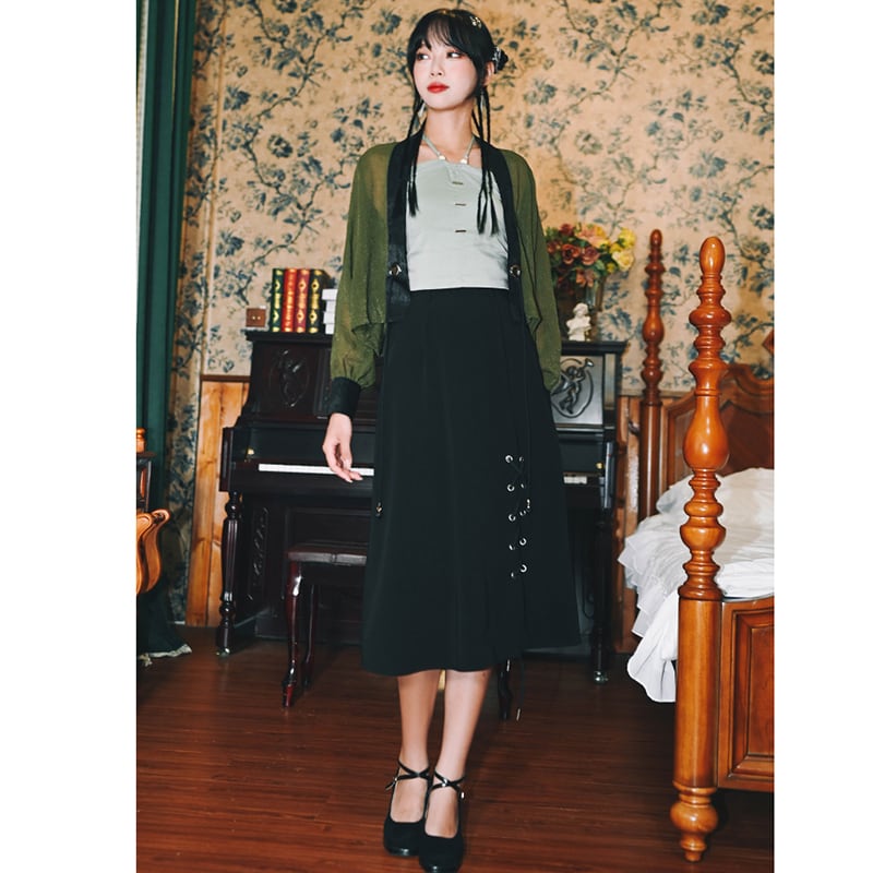 [Kokaisha---Kiritoki Series] ★China style outerwear★ 2color happi coat original chiffon black green SML