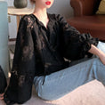 Load image into Gallery viewer, Shirt Blouse Lace Lantern Sleeve Free Size Black Loose Cute
