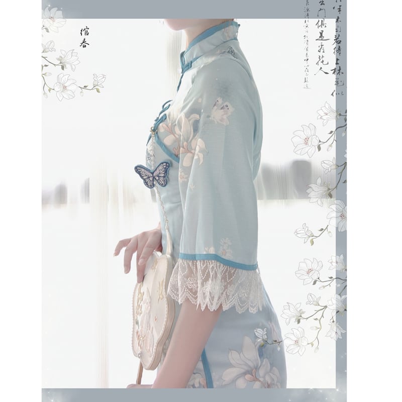 [Dust Smoke Cloud Dream --- Unlan Jade Nishiki Series]★China-style dress★Cheongsam dress, Chinese clothes, short sleeves, long length, butterfly ornament included