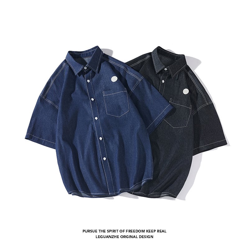 [BIGEMAN Series]★Denim Shirt★ 2color Tops Short Sleeve Shirt Unisex Men's Large Size Black Blue