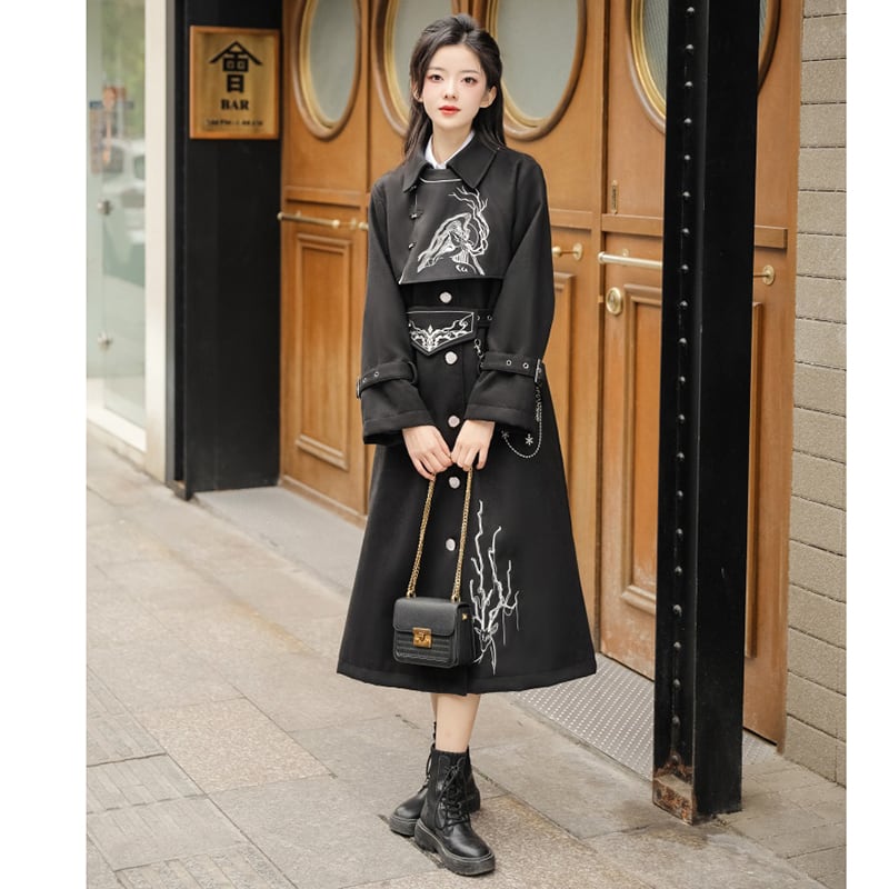 [Hanru First---Beisheng Series] ★China style coat★ Long outerwear with chain embroidery Black Black SML