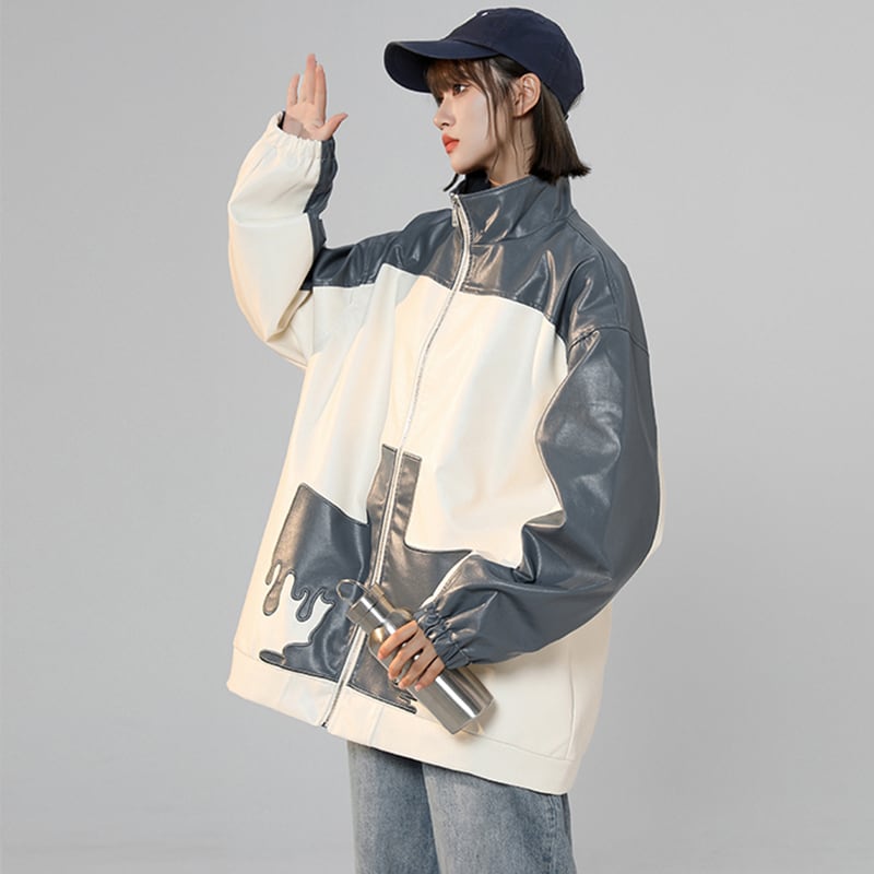 [Fujiiman Series]★Jacket★ 2color PU outerwear unisex men's color scheme coffee color blue