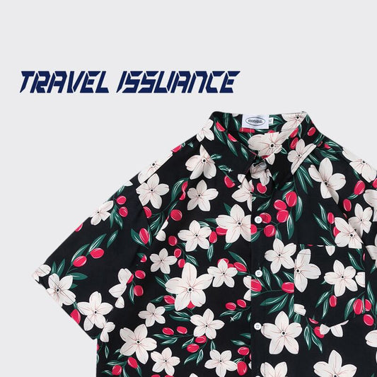 【TRAVEL ISSUANCEシリーズ】★レトロ シャツ★ 花柄シャツ 2color 青or黒 プリント 男女兼用 メンズ 海辺 旅行 撮影