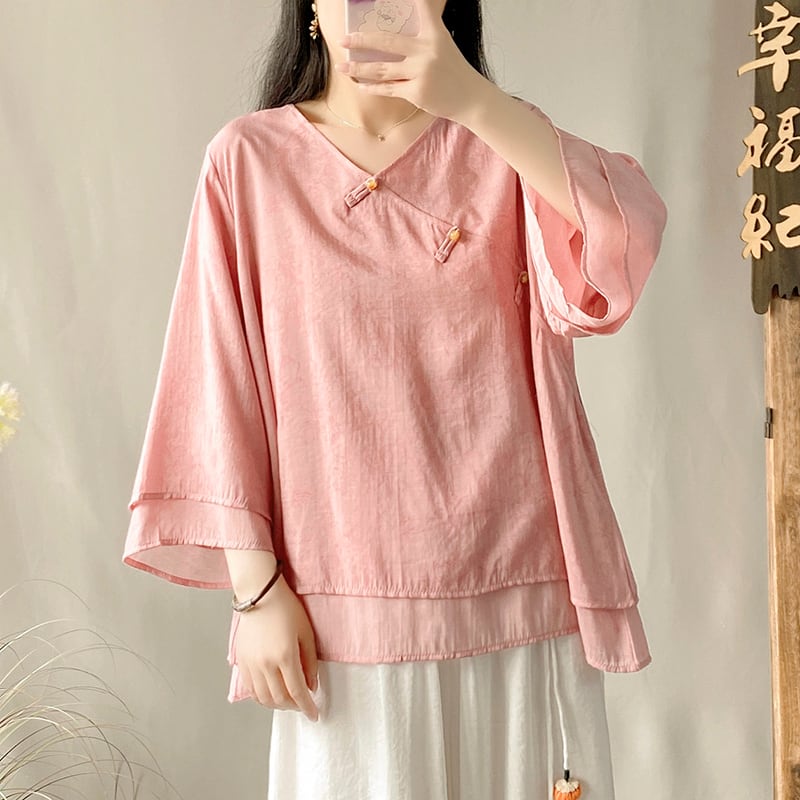 [Kofuku Series]★China-style shirt★ 3color V-neck tops Ethnic style Green Yellow Pink