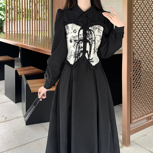 [Dong Xiaojie Series] ★China style dress★ Ink pattern long sleeve dress long length dress black black large size slimming