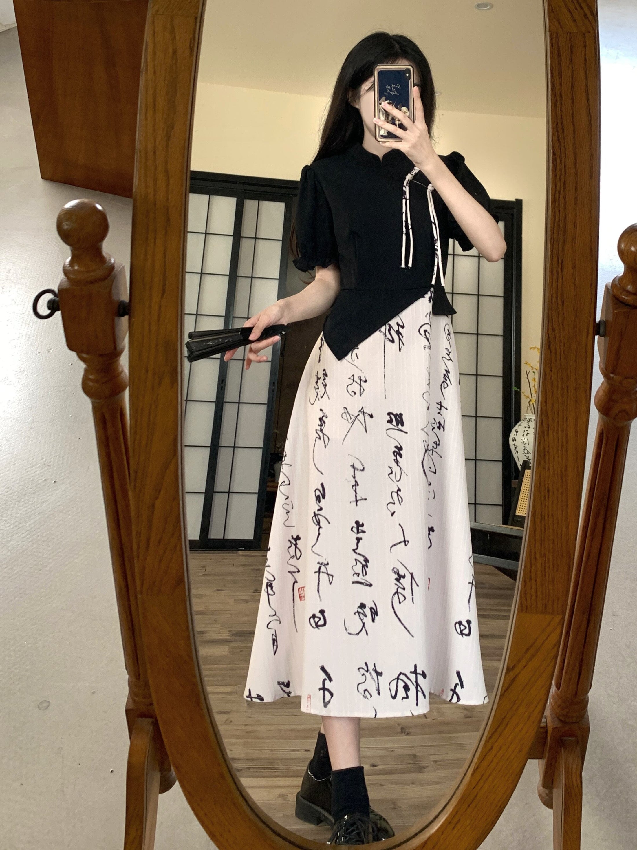 【DONGXIAOJIEシリーズ】★チャイナ風ワンピース★ 文字柄 リボン 夏服 フェイクレイヤード 大きいサイズ 着痩せ