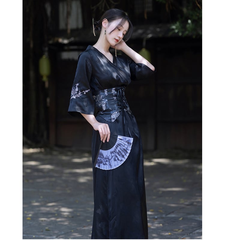 [Az Suna Series] ★Chinese style dress + obi★ Hanfu dress V neck S M L XL date girls' night out black black