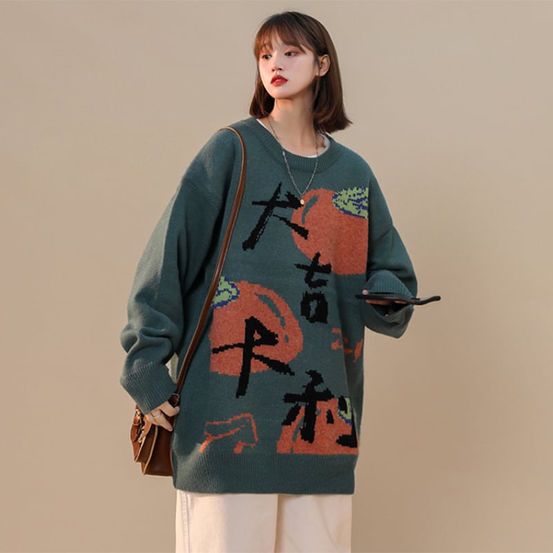 [Ushiomiomi Series] ★Sweater★ 3color knit tops Unisex Men's Letter pattern Kanji pattern Cute Casual