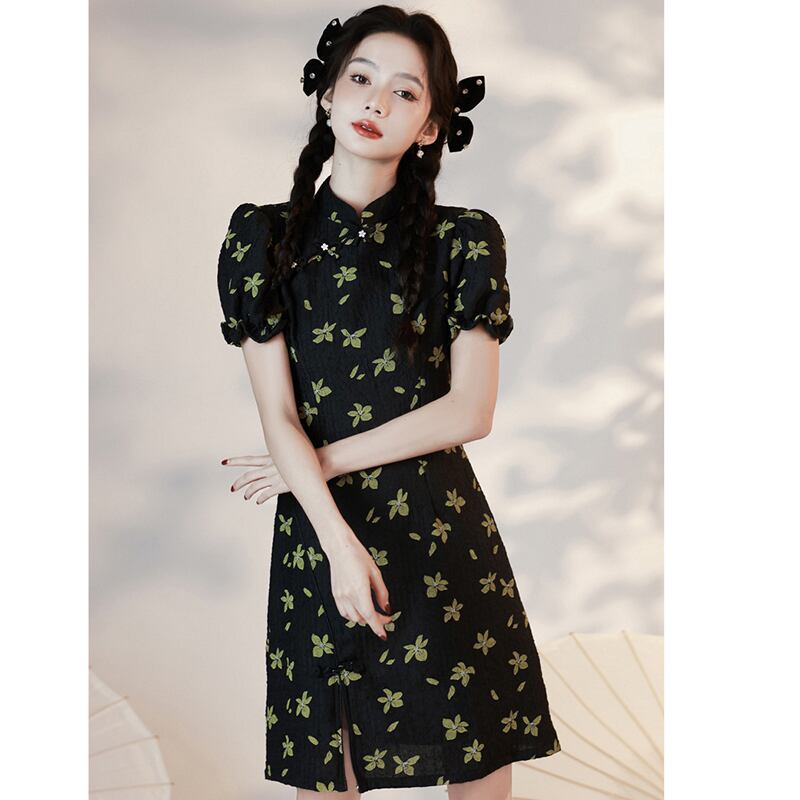 [YUEQIAO Series]★China Dress★ Improved Short Length Chinese Style Dress Chinese Clothes Cute Black Black