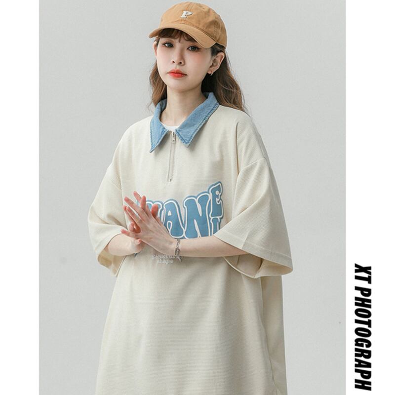 【藤伊曼シリーズ】★Tシャツ★ トップス 3color 男女兼用 メンズ POLOネック アルファベット 夏服