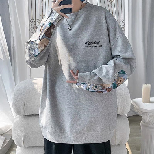 [Emperor series] ★Fleece-lined tops★ 2-color embroidery, cute sleeves, casual, floral pattern, unisex, men's, gray, black, gray, large size