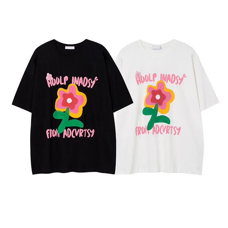 【逃離地球シリーズ】★Tシャツ★ 2color トップス 半袖シャツ 男女兼用 メンズ 花 可愛い ブラック ホワイト