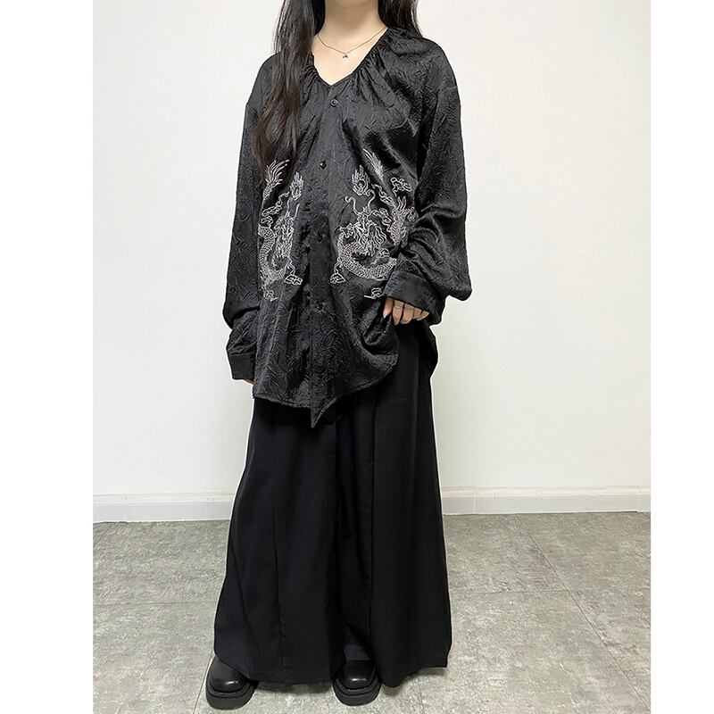 [Illustrated Series]★China Style Shirt★ Tops Dragon Embroidery Fashion Unisex Men's Black Black