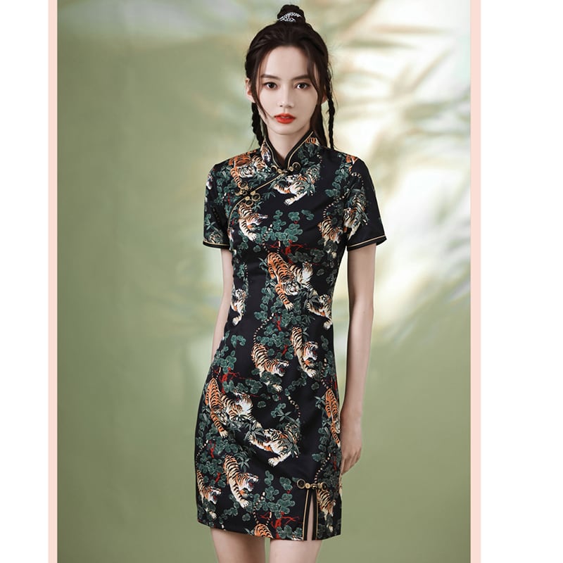 [YUEQIAO Series]★Cheongsam dress★Short length velvet Chinese style dress print retro