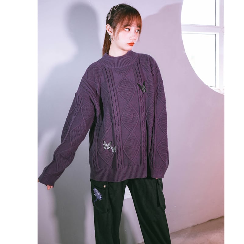 [Ancient monster---Swallow tail butterfly series] ★China style sweater★ Tops Embroidery Butterfly Purple Purple SML Casual