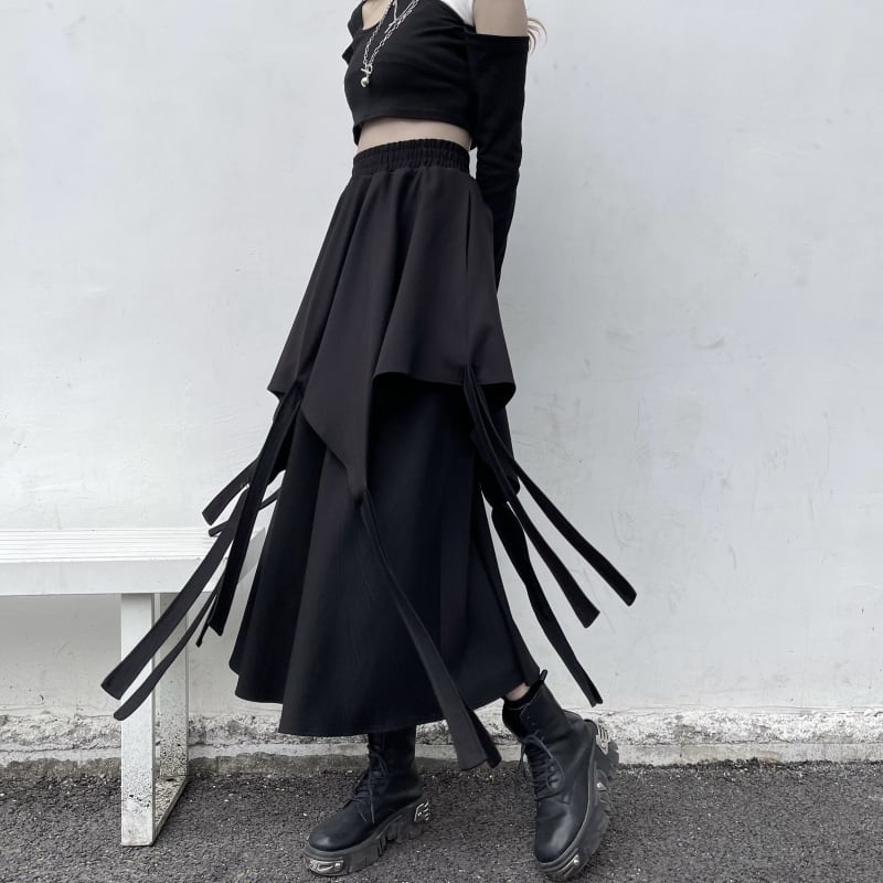 [Miyakoya Series]★Skirt★ Bottoms Irregular Asymmetrical Unique Harajuku style Easy to match Slimming Elastic waist Black Black