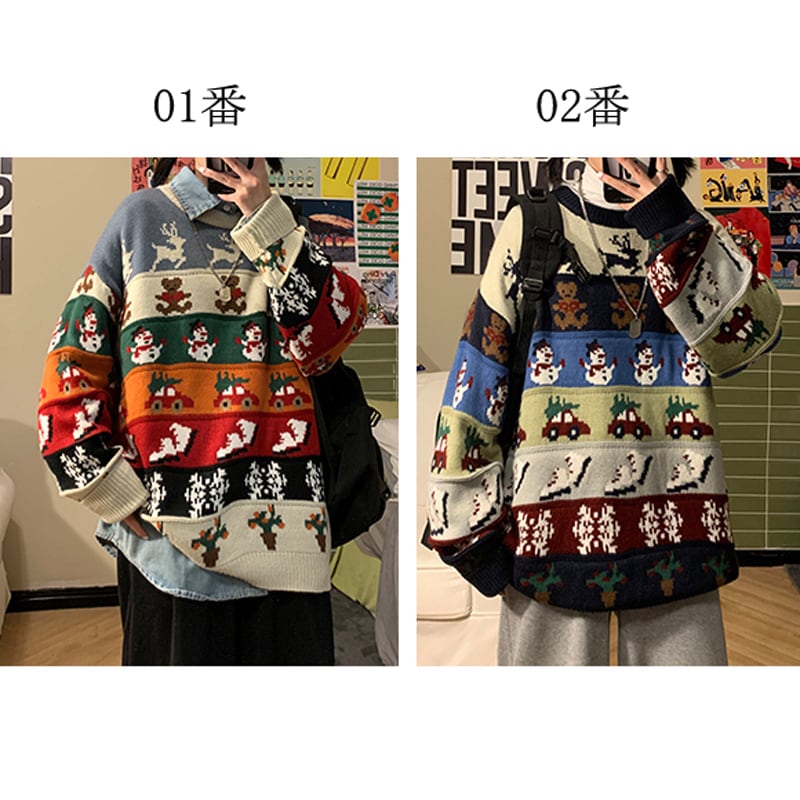 【HeyHenryシリーズ】★セーター★ 2color クリスマス 新年 赤 緑 青 鹿模様 秋冬着 メンズ カップル服 男女兼用