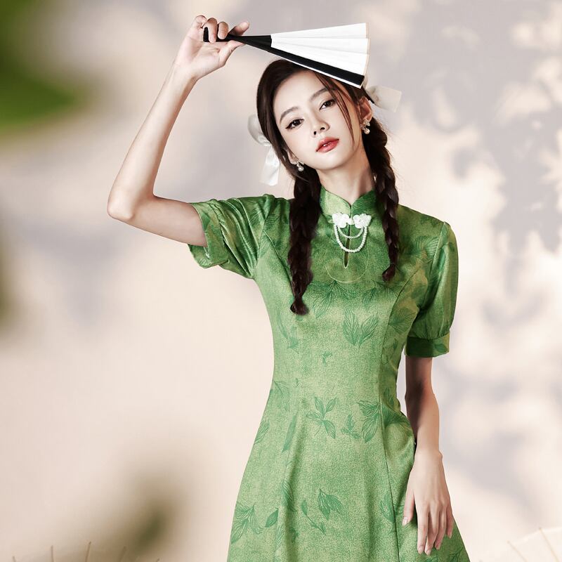 [YUEQIAO series]★Cheongsam dress★ 2color short length Chinese style dress Beige Green