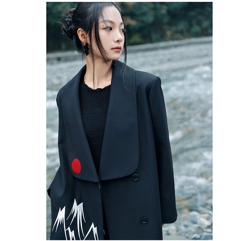 [Big Blue Dragon Series] ★China style coat★ Loose outerwear, embroidered, retro, easy to match, black, black