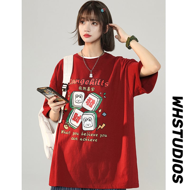 【LIEQUシリーズ】★トップス★ Tシャツ 4color 男女兼用 メンズ 大きいサイズ 赤 青 白 可愛い 夏服