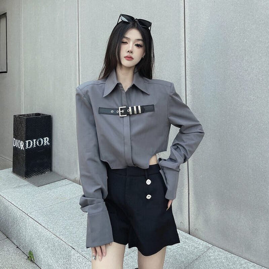 [Style Series]★Shirt★ Tops Short Length Long Sleeve Gray Gray Women's Unique Slimming Fashionable SM