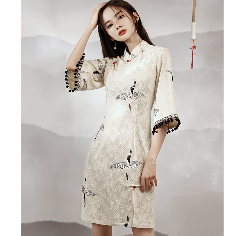 [YUEQIAO Series]★China Dress★ 2color Short Length Chinese Style Dress Crane Lace Chinese Clothes Black Black