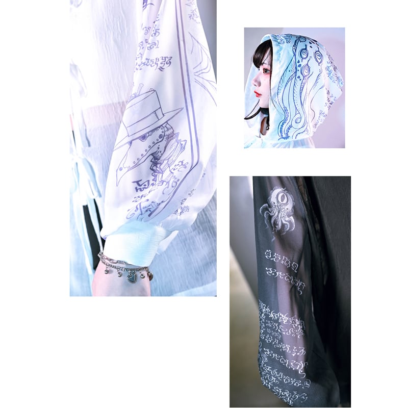 [Kokaisha---Monster CLUB Series] ★China style outerwear★ 2color tops with hat printed long sleeves summer spring thin sheer ML XL