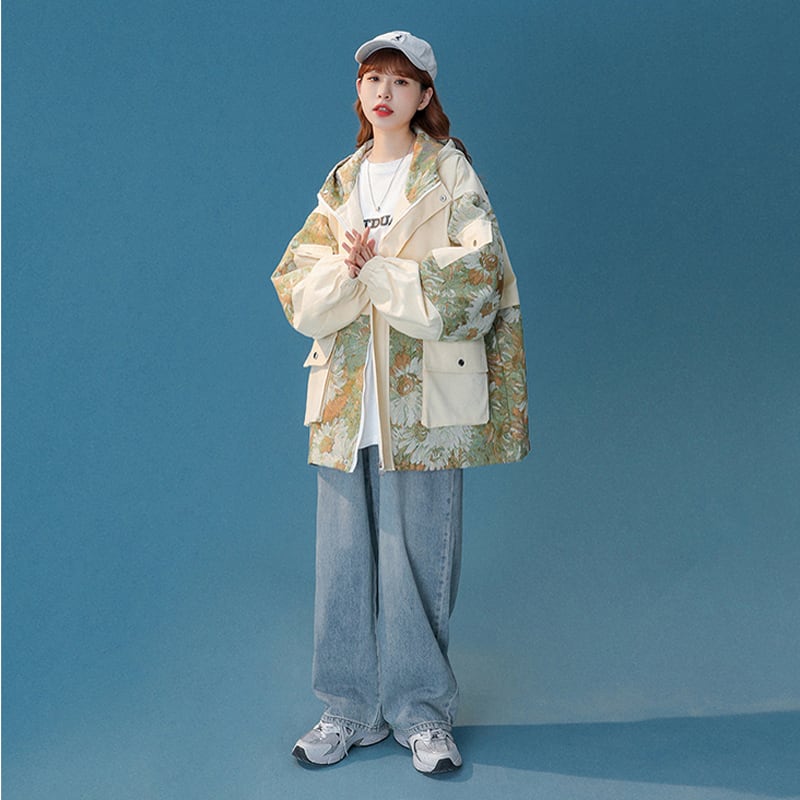 [Fujiiman Series]★Jacket★ Outerwear 2color Floral Pattern Switching Unisex Unique Large Size Beige Blue