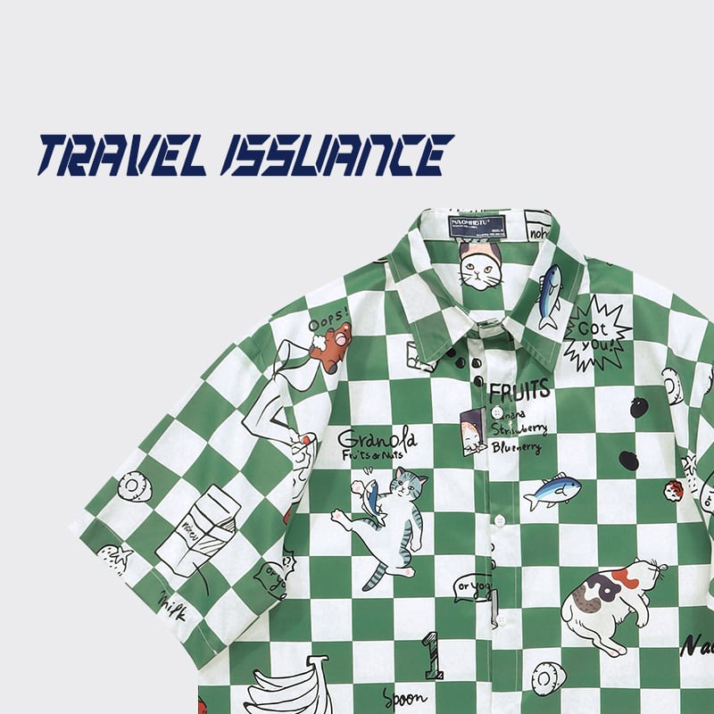 [TRAVEL ISSUANCE Series]★Shirt★ 2color Animal Pattern Cat Cat Cat Pattern Print Unisex Men's Plaid Pattern