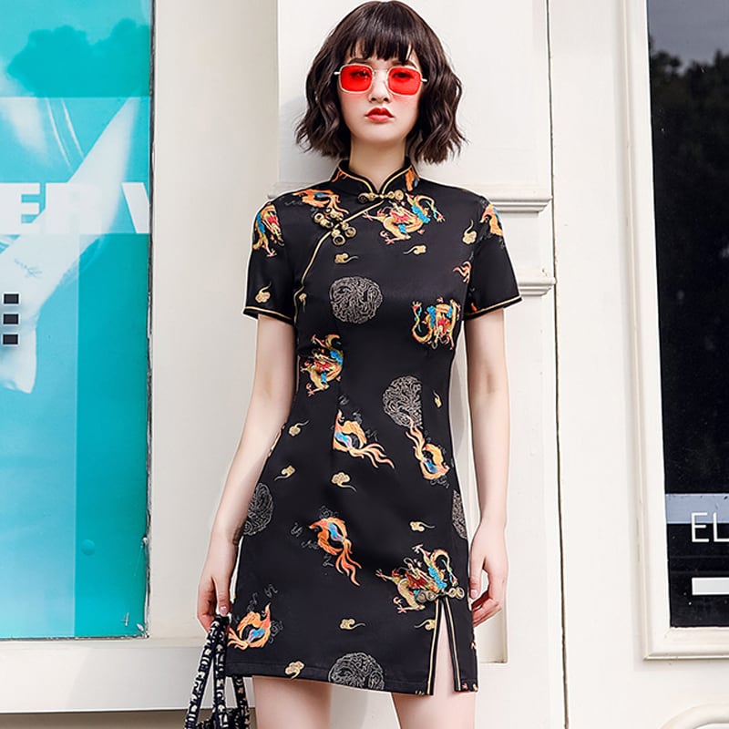 [YIJIA Series] ★Cheongsam dress★ Mini length dress improved version retro sexy black black large size