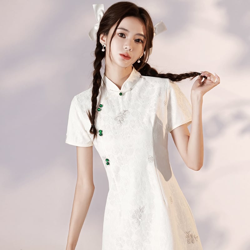 [YUEQIAO series]★Cheongsam dress★Short length Chinese style dress White White Cute Slimming look