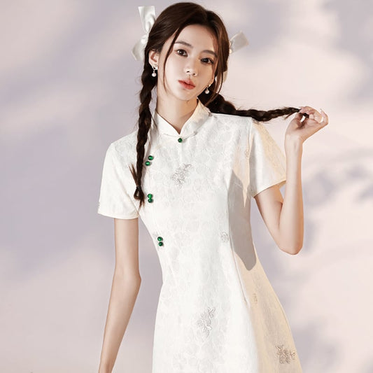 [YUEQIAO series]★Cheongsam dress★Short length Chinese style dress White White Cute Slimming look