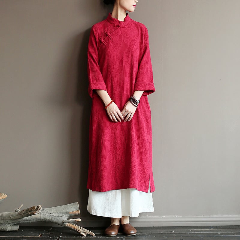 [Song Dynasty Series]★Chinese style dress★ Long length Cotton linen Improved Tang suit Cotton linen Navy Red Brown Free size