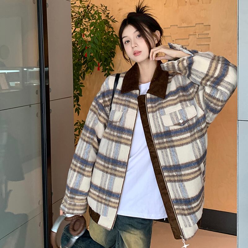 [Yuyiyeon Spicy Series] ★Outerwear★ Plaid Jacket Switching Casual Retro Easy to Match