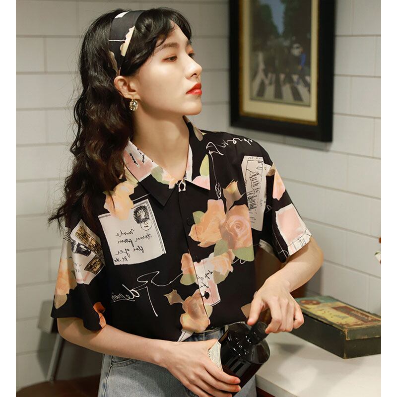 [YOUZI Series]★Retro Shirt★ Short Sleeve Shirt Tops Print Retro SML XL Thin Black Black Easy to match