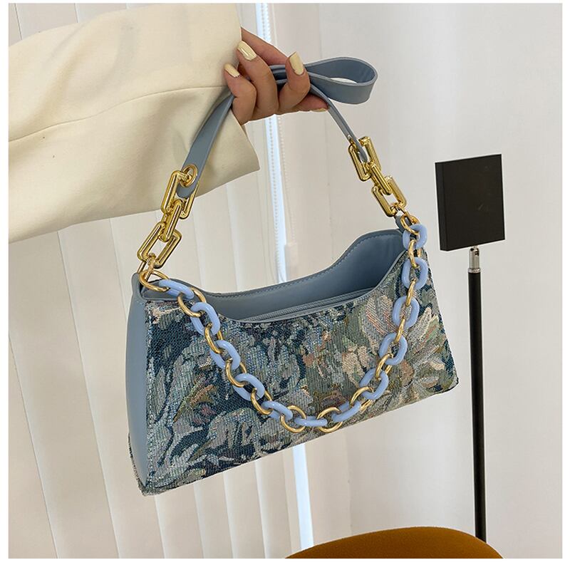 [ANDCICI Series] ★China style bag★ Oil painting style 2color floral pattern cute date commuting OL office blue green