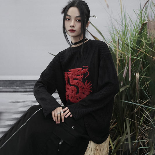 [Big Blue Dragon Series] ★Chinese style sweater★ Knit tops Dragon crest Chinese clothing Black Black Irregular