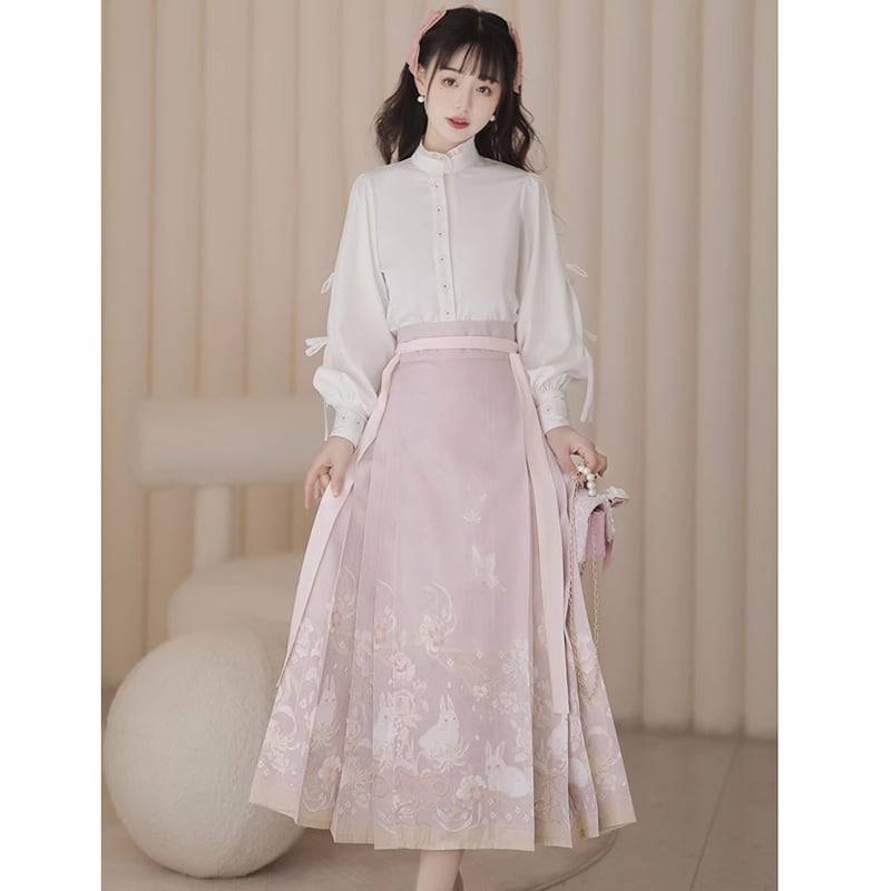 [Kaede bamboo---Hanako rabbit series] ★China style setup★ 2-piece set, long sleeve shirt + windshield skirt, coming-of-age ceremony, everyday wear, white, pink